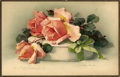 Künstler Litho Klein, Catharina, rosa Rosen, Geschenk, Meissner Buch 2134