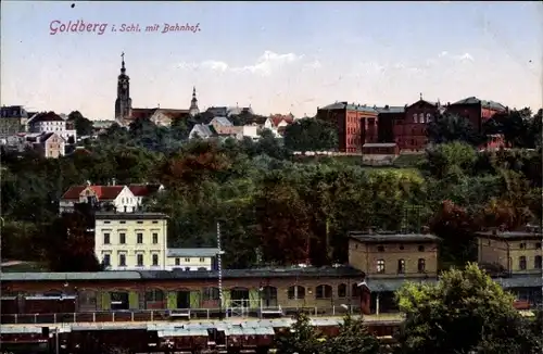 Ak Złotoryja Goldberg Schlesien, Teilansicht, Bahnhof