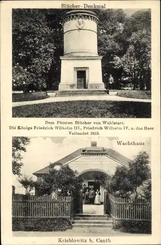 Ak Krobielowice Krieblowitz Kąty Wrocławskie Kanth Schlesien, Blücher Denkmal, Wachthaus