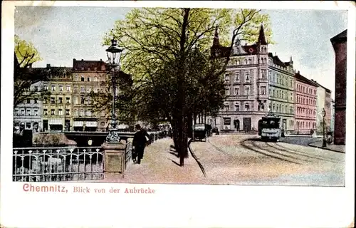 Ak Chemnitz Sachsen, Blick von der Aubrücke, Straßenbahn