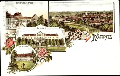 Litho Bad Köstritz in Thüringen, Kurhaus, Schloss, Panorama, Heinrichstraße