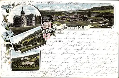 Litho Bad Berka im Weimarer Land Thüringen, Wilhelmsburg, Kurhaus, Blick auf die Hardt, Panorama
