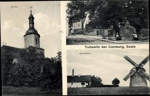 Ak Tultewitz Bad Kösen Naumburg an der Saale, Kirche, Margarethen Brunnen, Windmühle