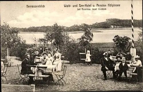 Ak Ostseebad Koserow auf Usedom, Waldhotel, Seehotel, Pension Kölpinsee, Terrassenblick