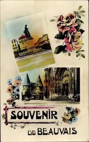 Ak Beauvais Oise, Statue, Gebäude, Portal, Blumen
