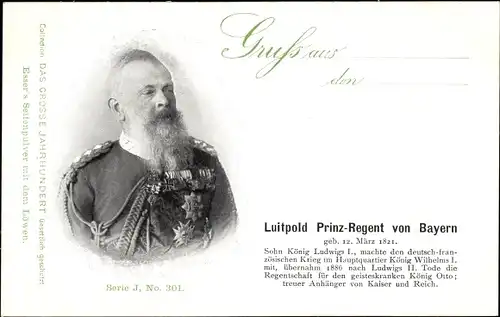 Ak Prinzregent Luitpold von Bayern, Portrait, Geboren 12 März 1821