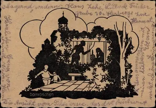 Scherenschnitt Ak Märchen Dornröschen, Kinder, Spinnrad, Turm