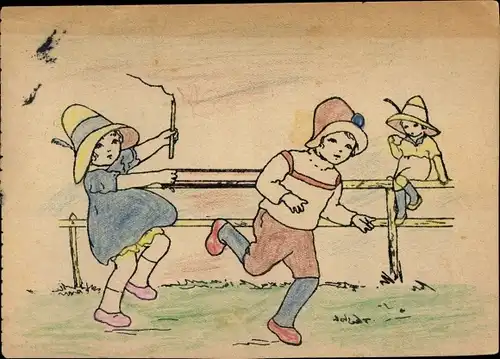 Handgemalt Ak Spielende Kinder, Mädchen mit Stock in der Hand, Zaun