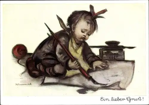 Künstler Ak Hummel, Berta, Ein lieber Gruß, Kind mit Feder