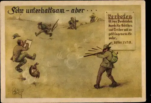 Künstler Ak Geilfus, Sehr unterhaltsam aber verboten,Jäger schießt auf Hasen,Unfall mit dem Nachbarn