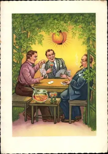 Ak Männer sitzen am Tisch und spielen Karten, Kartenspiel, Lampion