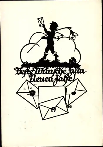 Scherenschnitt Künstler Ak Glückwunsch Neujahr, Kind, Blume, Briefe, Glücksklee