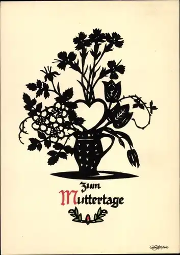 Scherenschnitt Ak Plischke, Georg, Glückwunsch Muttertag, Blumen, Blumenvase
