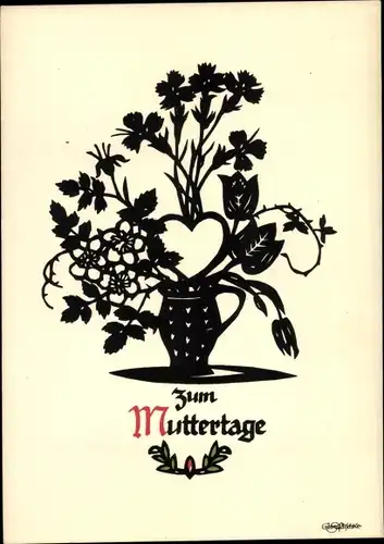 Scherenschnitt Ak Plischke, Georg, Glückwunsch Muttertag, Blumen, Blumenvase