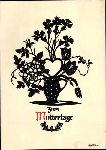 Scherenschnitt Ak Plischke, Georg, Glückwunsch Muttertag, Blumen, Blumenvase