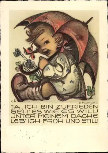 Künstler Ak Hummel, Berta, Ich bin zufrieden, Mädchen, Schirm, Nr. 4520