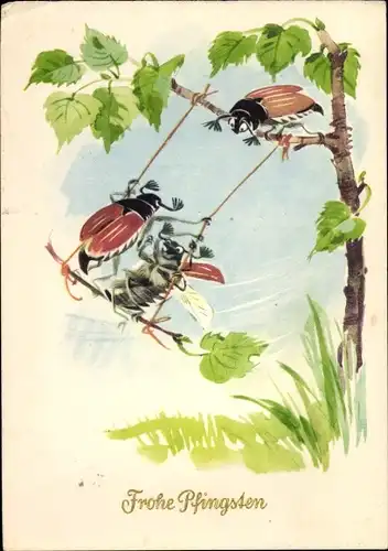 Ak Glückwunsch Pfingsten, Maikäfer auf einer Schaukel