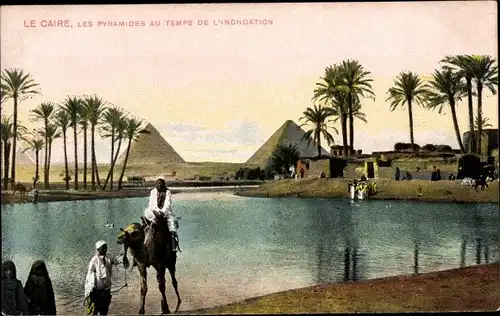 Ak Cairo Kairo Ägypten, Les Pyramides au Temps de l´inondation, Palmen, Pyramiden, Kamel