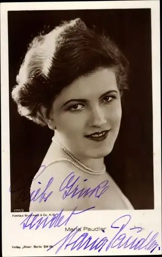 Ak Schauspielerin Maria Paudler, Portrait, Perlenkette, Autogramm