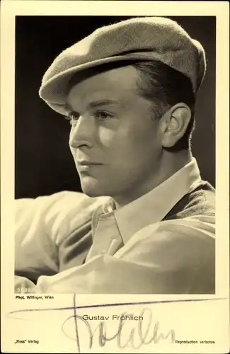 Ak Schauspieler Gustav Fröhlich, Portrait, Mütze, Ross, Autogramm