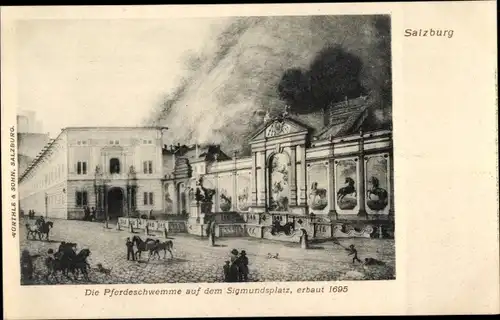 Künstler Ak Salzburg in Österreich, Pferdeschwemme auf dem Sigmundplatz