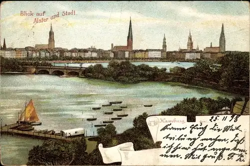 Litho Hamburg, Blick auf Stadt und Alster