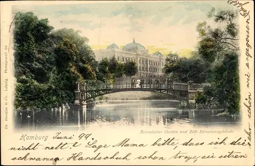 Ak Hamburg, Botanischer Garten, Zoll-Directionsgebäude, Brücke