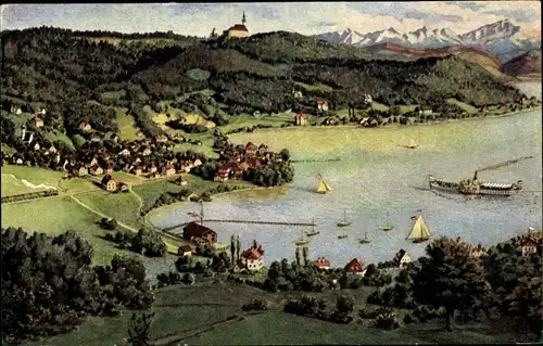Ak Herrsching am Ammersee, Blick von Lochschwab, Kloster Andechs, Alpen, Panorama