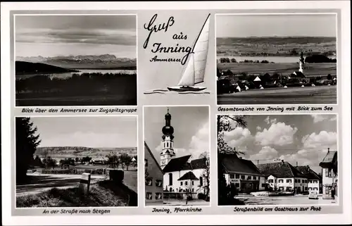 Ak Inning am Ammersee Oberbayern, Panorama, Pfarrkirche, Straße nach Stegen, Gasthaus zur Post