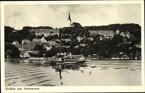 Ak Dießen am Ammersee Oberbayern, Teilansicht, Boot, Kirche