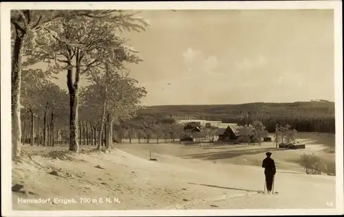 Ak Hermsdorf im Erzgebirge, Winter, Langläufer, Panorama