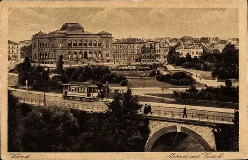 Ak Weimar in Thüringen, Museum, Viadukt, Straßenbahn