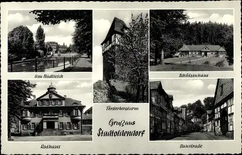 Ak Stadtoldendorf in Niedersachsen, Stadtbau, Schützenhaus, Rathaus, Försterbergturm, Baustraße