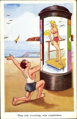 Künstler Ak Mann kniet vor einer Litfaßsäule, Plakat, Frau im Bikini