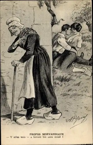 Künstler Ak Liebespaar, alte Frau in Tracht