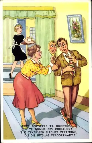 Künstler Ak Ehemann mit Kussspuren vom Dienstmädchen