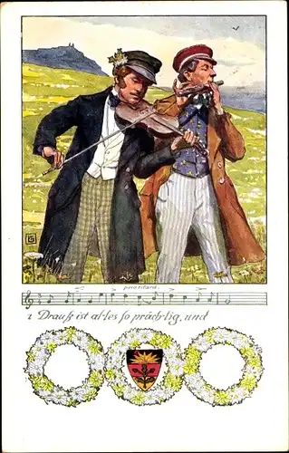 Studentika Lied Künstler Ak Drauß ist alles so prächtig, Männer, Geige, Flöte