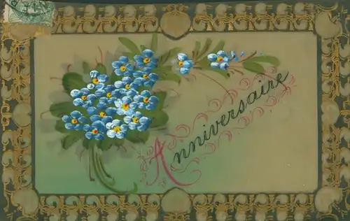 Zelluloid Ak Glückwunsch Geburtstag, Blaue Blumen, Vergissmeinnicht
