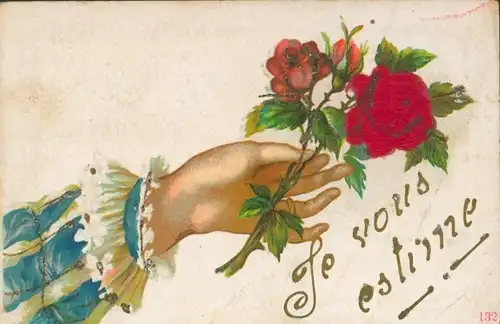 Glitzer Stoff Präge Litho Frauenhand mit Rosen