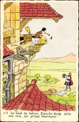 Künstler Ak Walt Disney, Schneewittchen auf dem Balkon, Prinz Charming