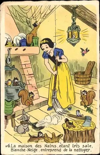 Künstler Ak Walt Disney, Schneewittchen und die sieben Zwerge, Besen, Waldtiere, Wohnstube