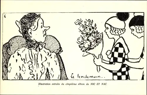 Künstler Ak Nic et Nac, Mädchen mit Blumenstrauß, hochnäsige Frau