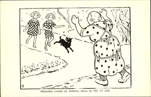 Künstler Ak Nic et Nac, Mädchen, Hund, Frau
