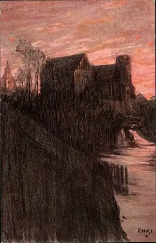 Künstler Ak Hass, Fritz, Olsztyn Allenstein Ostpreußen, Altes Schloss an der Alle, Turm