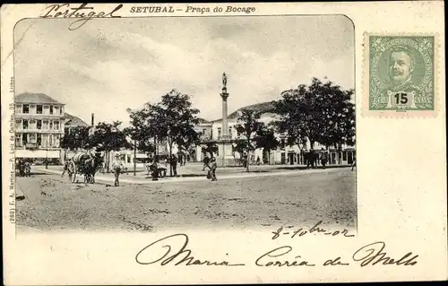 Ak Setúbal Portugal, Praca do Bocage, Marktplatz, Pferdewagen, Denkmal