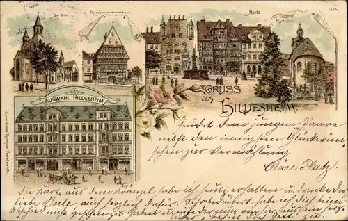 Litho Hildesheim in Niedersachsen, Tausendjähriger Rosenstock, Knochenhaueramtshaus, Markt, Dom