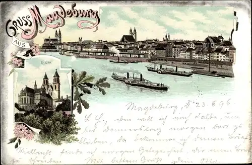 Litho Magdeburg an der Elbe, Dom, Panorama, Dampfer