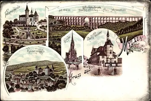 Litho Mylau Reichenbach im Vogtland, Felsenschänke, Göltzschtalbrücke, Kirche, Post