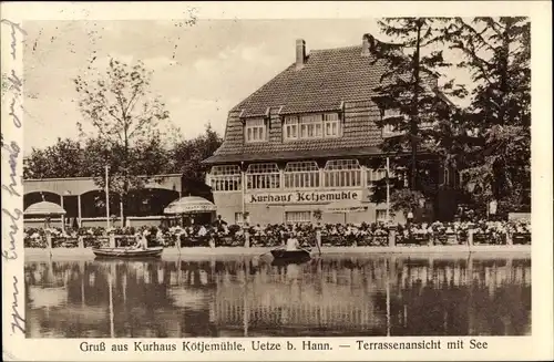 Ak Uetze in Niedersachsen, Kurhaus Kötjemühle, Terrasse und See