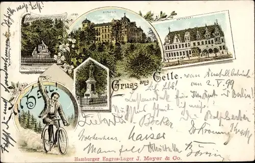 Litho Celle in Niedersachsen, Radfahrer, Rathaus, Denkmal